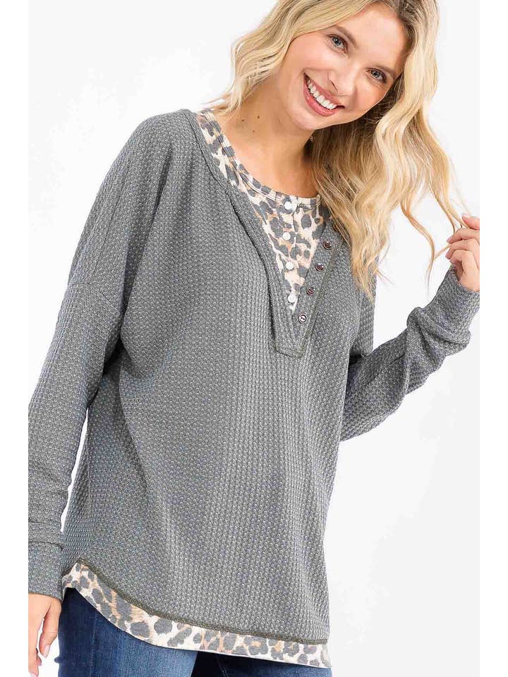 7th Ray - Wholesale Knit Top - Women's - Leopard Print Double layered Henley Top T607816