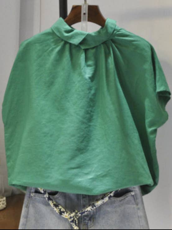 VividLux - Wholesale Blouse - Women's - Artistic Retro Short Sleeves Loose Pleated Solid Color Blouses&Shirts Tops2