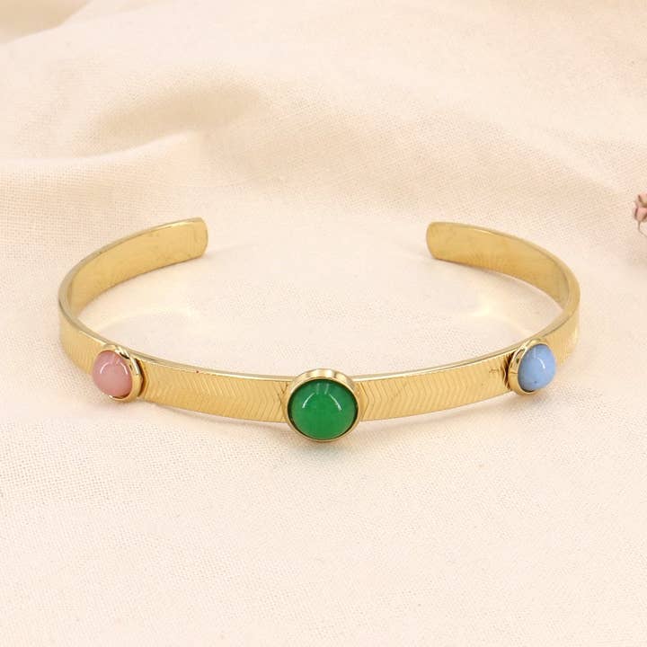 Stainless steel bangle bracelet with cabochon stones 0223129 for wholesale by Lilas de Seine