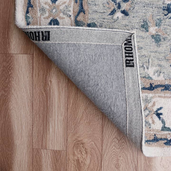 LR Home - Vente Tapis - Tapis d'intérieur en laine biologique à motif floral gris/ivoire traditionnel5