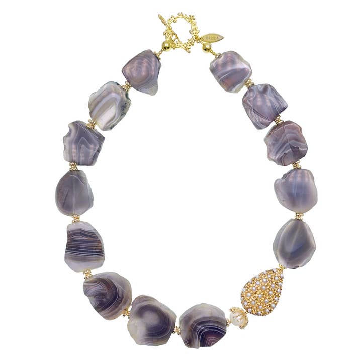 Uregelmæssig grå agat med perle Rhinestone halskæde HN022 for engroshandel hos FARRA