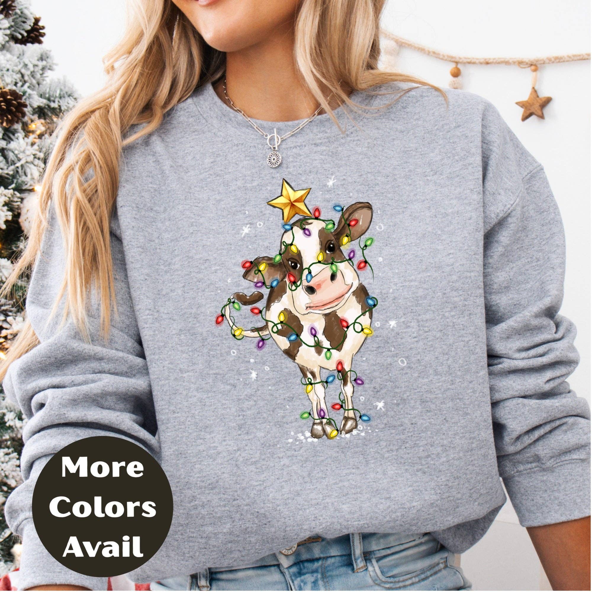 Epic Life  - Designed - Wholesale Screen Printed T-Shirt - Women's - Christmas Lights Country Cow Shirt or Sweatshirt – Cute Holiday Farm Top Small - 4XL and Plus Size – Multiple Colors5