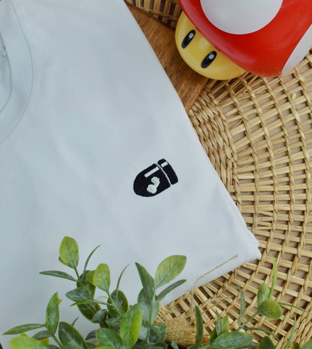 White Embroidered T-shirt - Bullet Bill for wholesale on Faire0