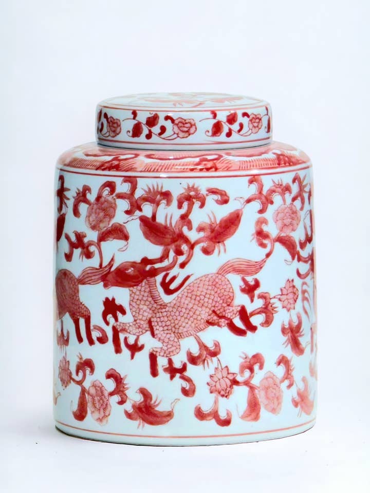 10" Ginger Jar, Chinoiserie Deer Design, Red and White for wholesale by AA Importing