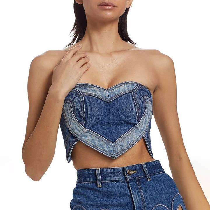 Color Block Heart Patch Denim Bustier Top for wholesale by FurDecoration