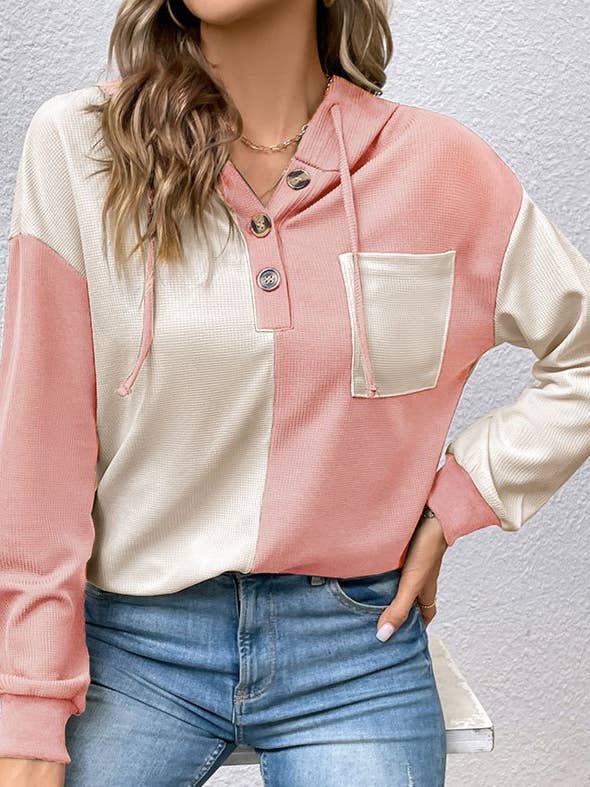 Half-Buttoned Contrast Paneled Hooded Sweatshirt for wholesale by HIDDENBRAND