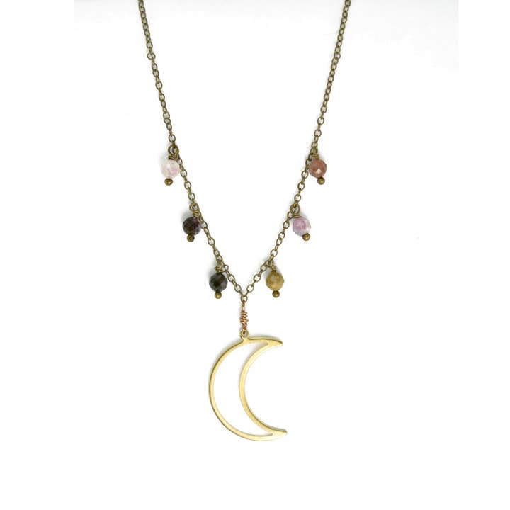 Collier Lune Croissant de Cire avec Perles de Tourmaline Pastèque Multicolores pour la vente par Edgy Petal Jewelry