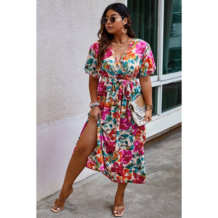 MULTI Plus Size Floral Print Cross Belt Fit Dress for wholesale on Faire