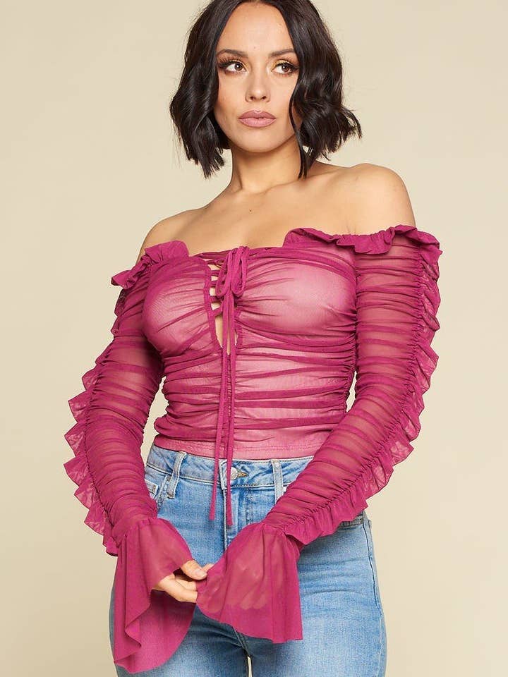 Nicky Minaj Magenta Ruched Lace-Up Off Shoulder Crop Top for wholesale by The Steven Wick Company