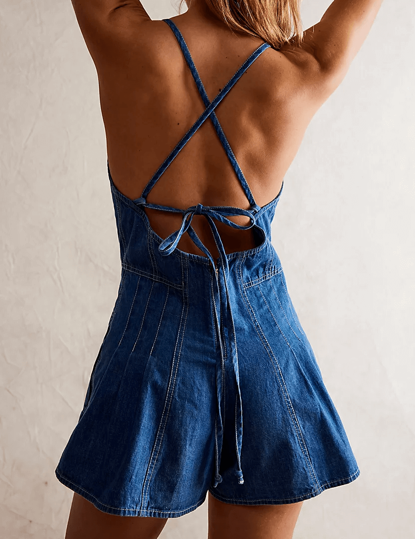 Sweetkama - Vente Robe – femme - Mini-robe camisole en jean à col en V pour femmes SKJ5516