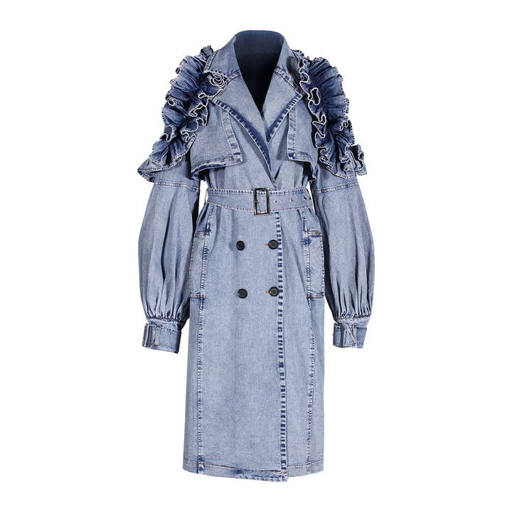 CT121 2025 Autumn Denim Ruffled Waist Belted Trench Coat for wholesale by Productseeker