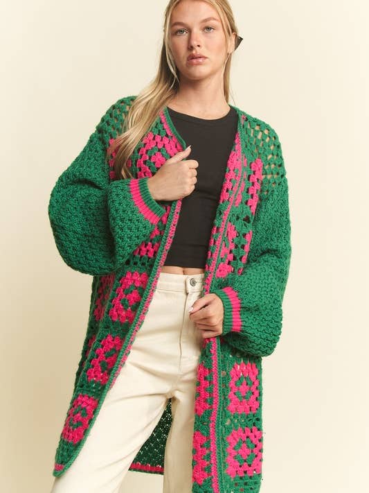 JADE BY JANE - Vente Cardigan – femme - Cardigan en maille ouverte bicolore en crochet carré à motif floral12