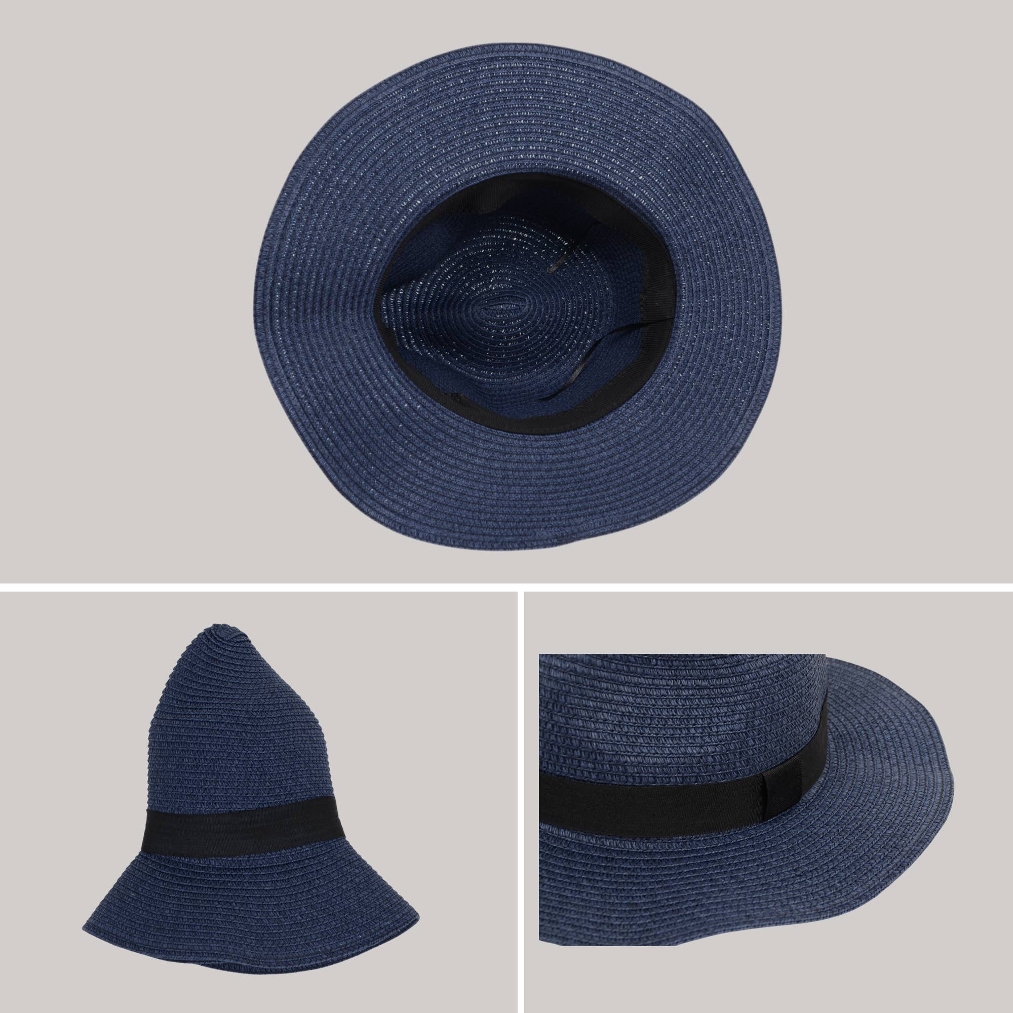 AK Brand - Wholesale Straw Hat - Women's - Wide Brim Straw Fedora Sun Hat Black Band Panama UV Hat33