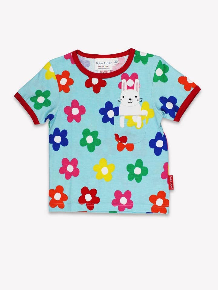 Toby Tiger - Wholesale T-Shirt - Kids - Organic Rainbow Bloom Bunny Pocket Applique Short Sleeved T-Shirt0