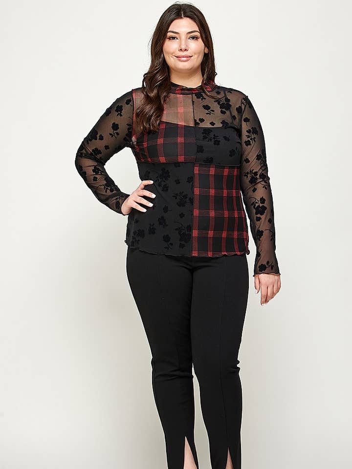 Black Plus Size Patchwork Mesh Mock Neck Top - WG17874-T for wholesale on Faire1