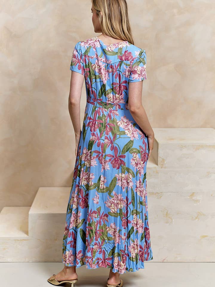 ANGELEYE - Wholesale Dress - Women's - Ruched Waist Maxi Dress in Blue Floral Print