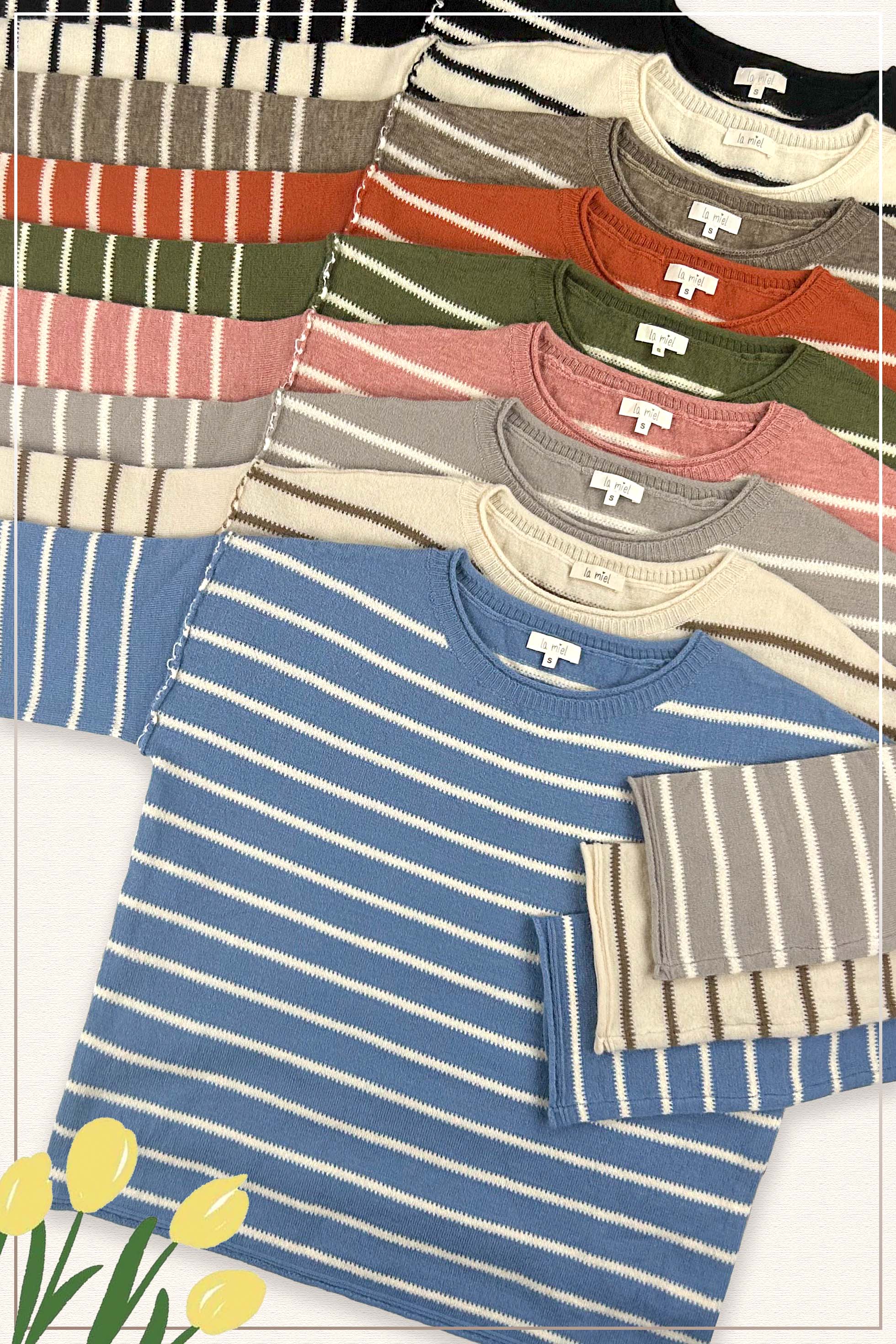 La Miel - Wholesale Knit Sweater - Women's - MCS3588-Striped Round Neck Loose Fit Long Sleeve Sweater27