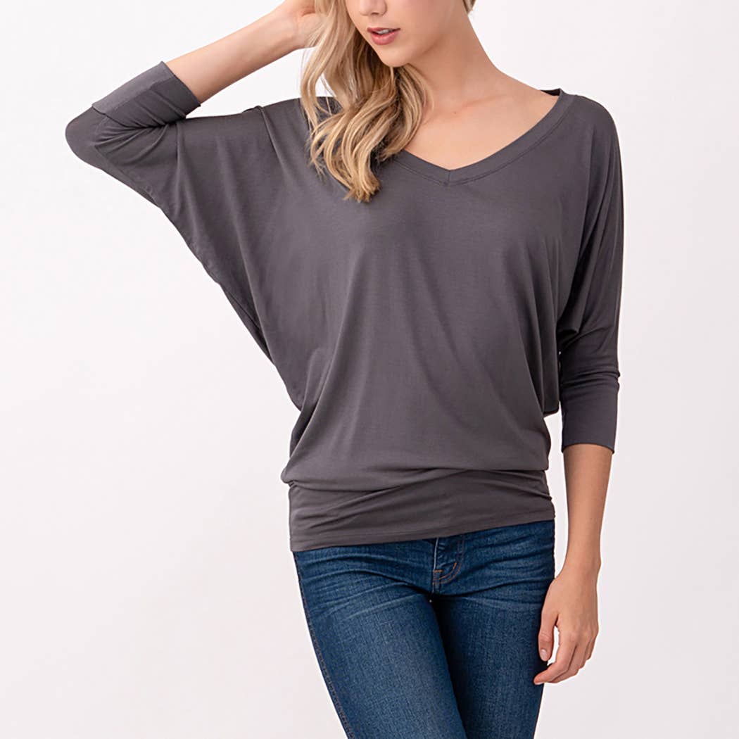 Heimious - Wholesale Knit Top - Women's - 3/4 Dolman Sleeve V-neck Modal Jersey Top, 257318