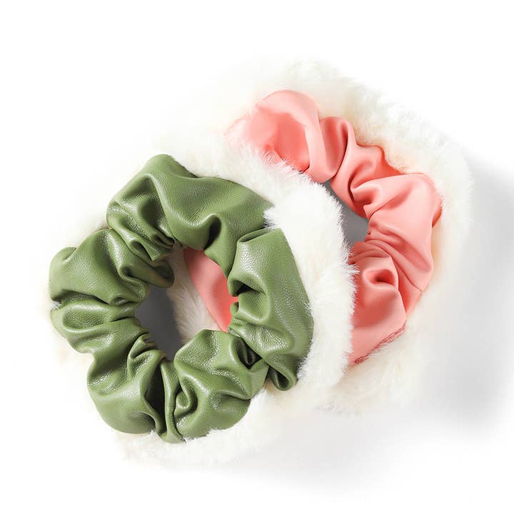 2pc Faux Leather and Fur Scrunchie Set (Pink/Olive) for wholesale by Selini New York