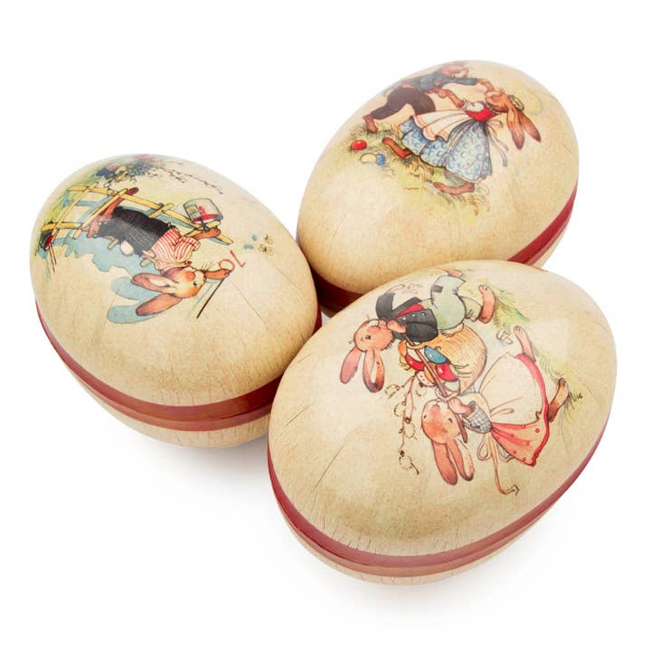 Œufs de Pâques en papier mâché remplissables avec un look vintage et un lapin de Pâques allemand pour la vente par Pinnacle Peak Trading