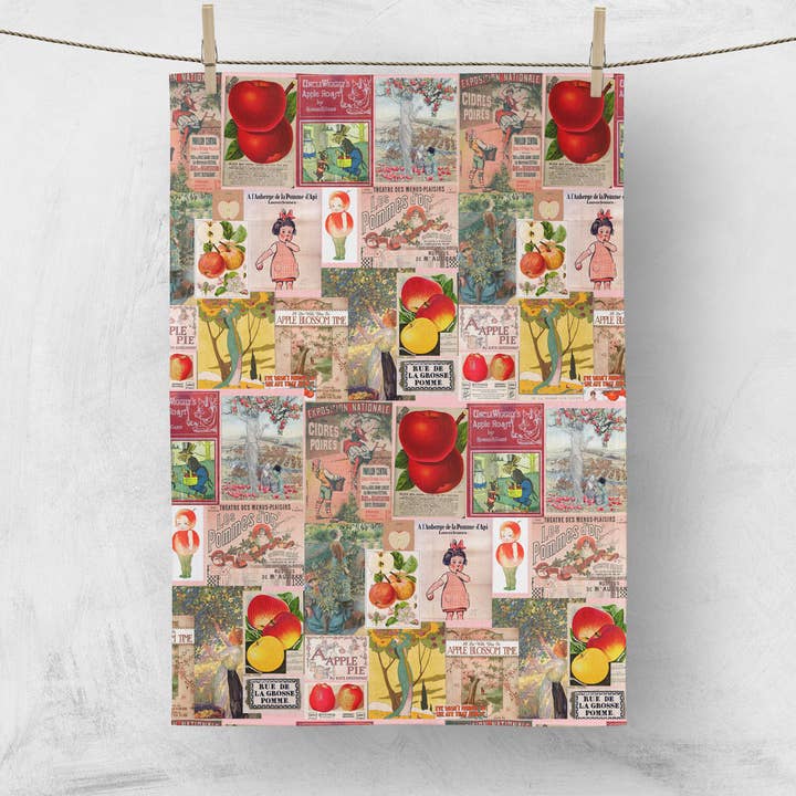 Sofs Designs - Wholesale Tea Towel - Tea Towel in Apple. Made from a collage of Vintage apple art
