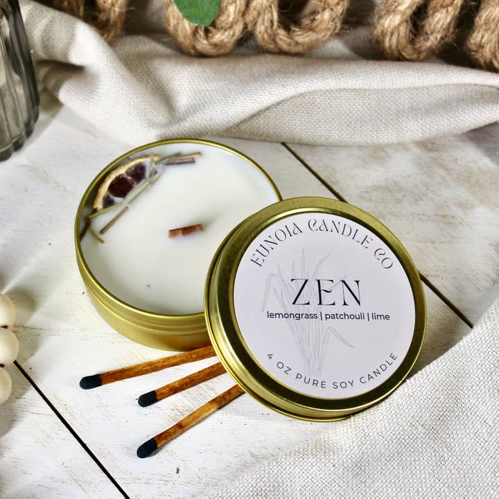 Vela de Soya Zen | Lata Dorada de 4 oz + Mecha de Madera para venta al por mayor de Eunoia Candle Co.