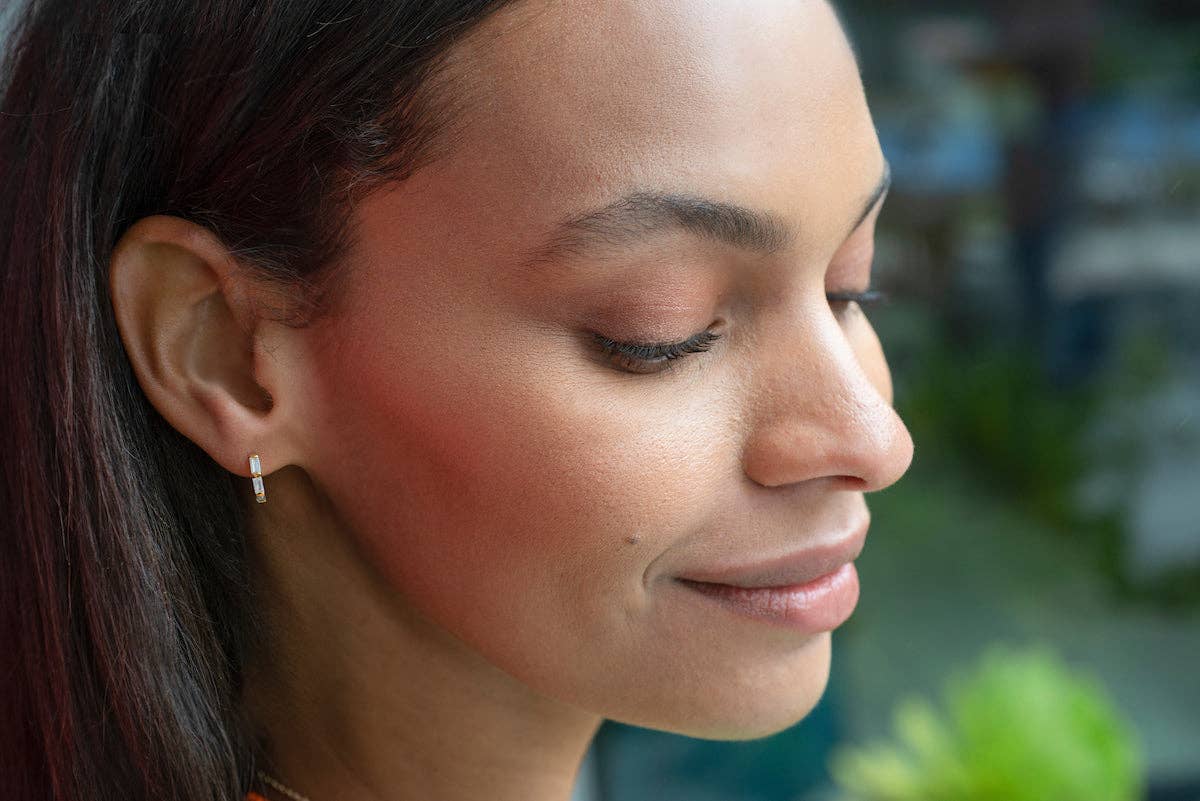 Kris Nations - Wholesale Huggie Earrings - Baguette Huggie Hoop Earrings 18K Gold Vermeil | Sterling Silver CZ Crystals 12mm Hoops Hinge Closure Nickel Free Hypoallergenic Ships from CA1