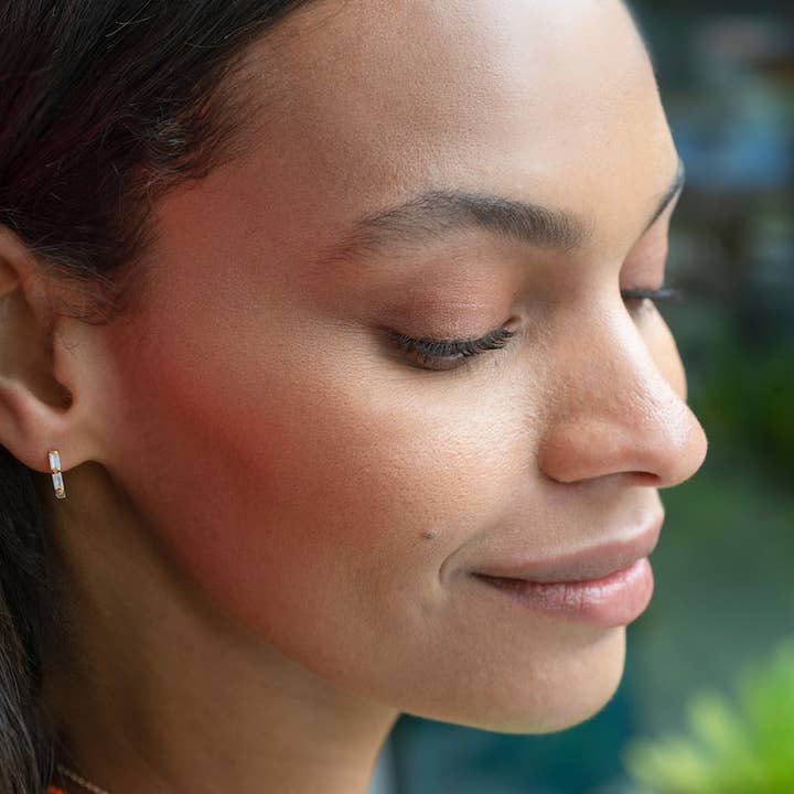 Kris Nations - Wholesale Huggie Earrings - Baguette Huggie Hoop Earrings 18K Gold Vermeil | Sterling Silver CZ Crystals 12mm Hoops Hinge Closure Nickel Free Hypoallergenic Ships from CA1