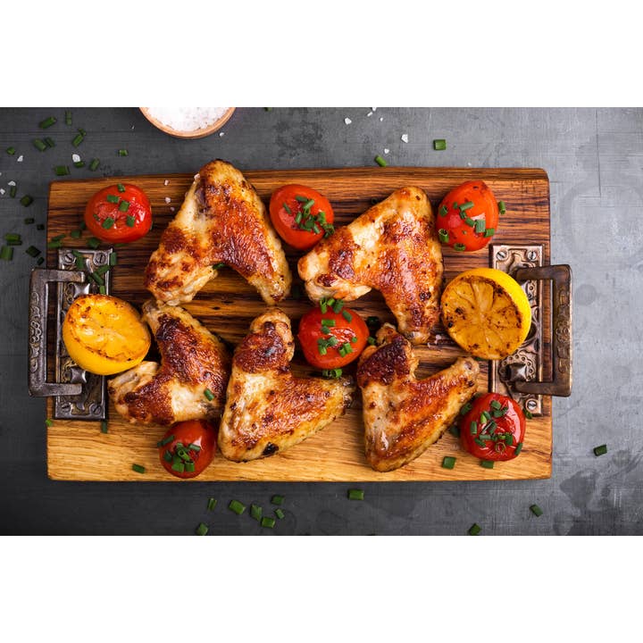 Roast Chicken Wings on Cutting Board Lemon Tomato Photo Photograph Wall Art for wholesale by Gotham Gifts