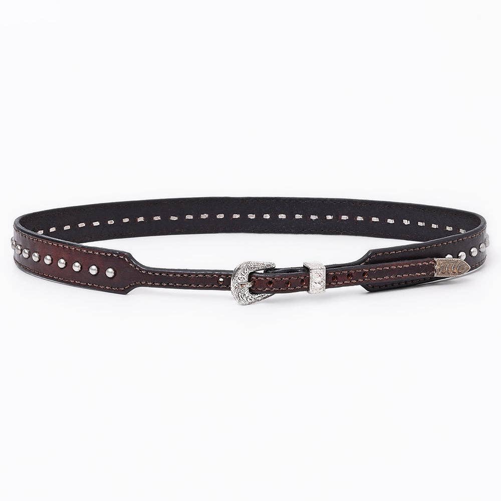 LS Western - Wholesale Belt - Unisex - ADHTBR103 Western Studded Brown Leather Hatband with Engraved Silver Buckle1