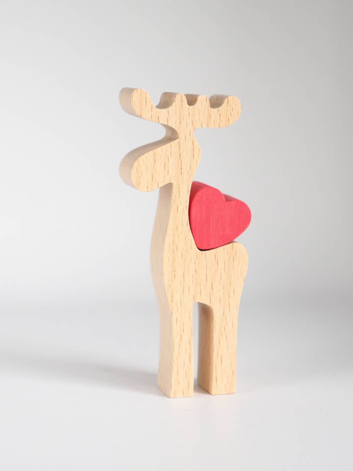 Little Moose with love heart Wooden Decorative Figure Statue for wholesale by Wood Metamorphosis