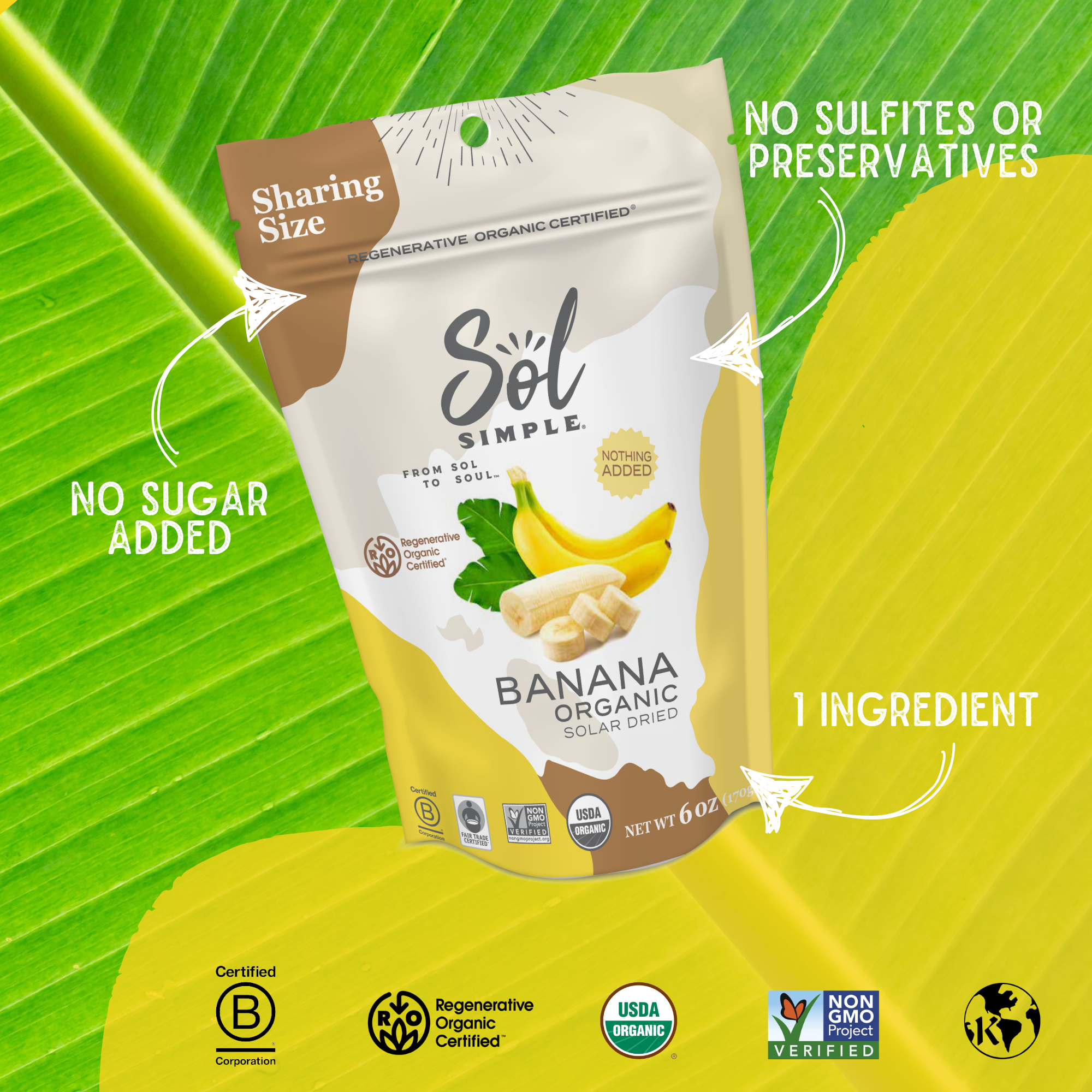 Sol Simple - Wholesale Dried/Dehydrated Fruit - Regenerative Organic Certified Solar Dried Banana - 3oz1