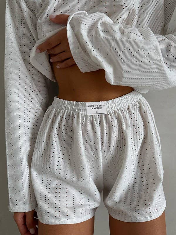 Rosa Clothing - Wholesale Lounge Set - Women's - Eyelet basic long sleeve overfit loose tee lounge shorts set8
