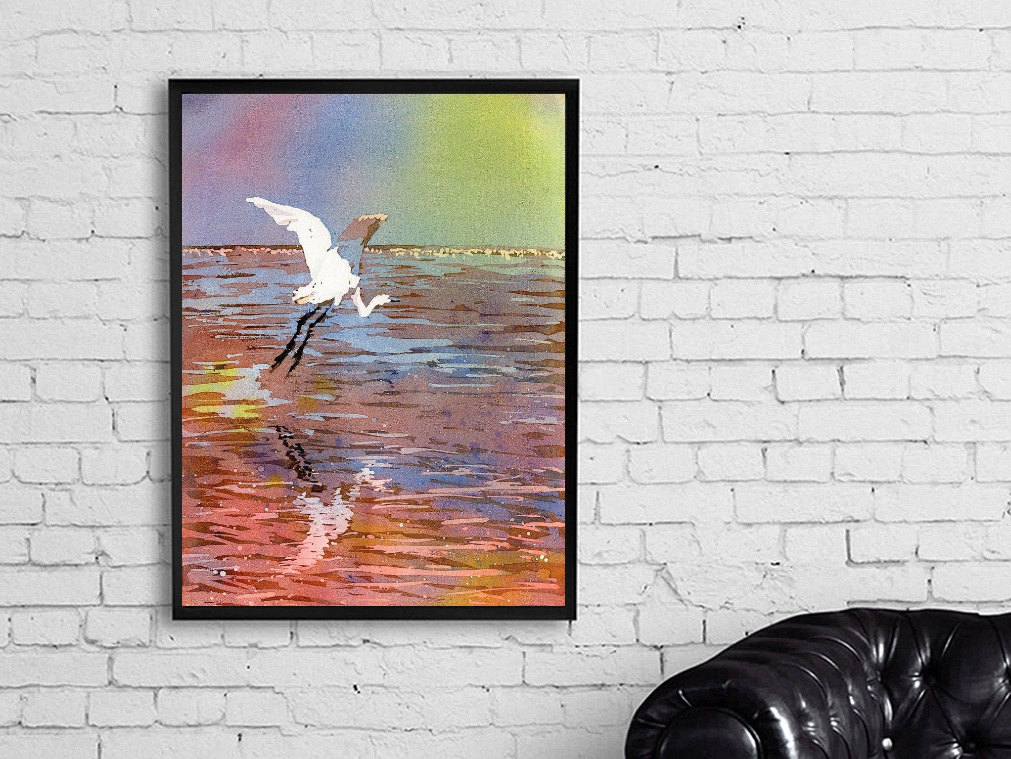 Ryan Fox Fine Art - Wholesale Art Print - Jamaican crane flying over water in Montego Bay.  Watercolor painting crane art bird Jamaica Montego Bay ocean artwork crane colorful art (print)1