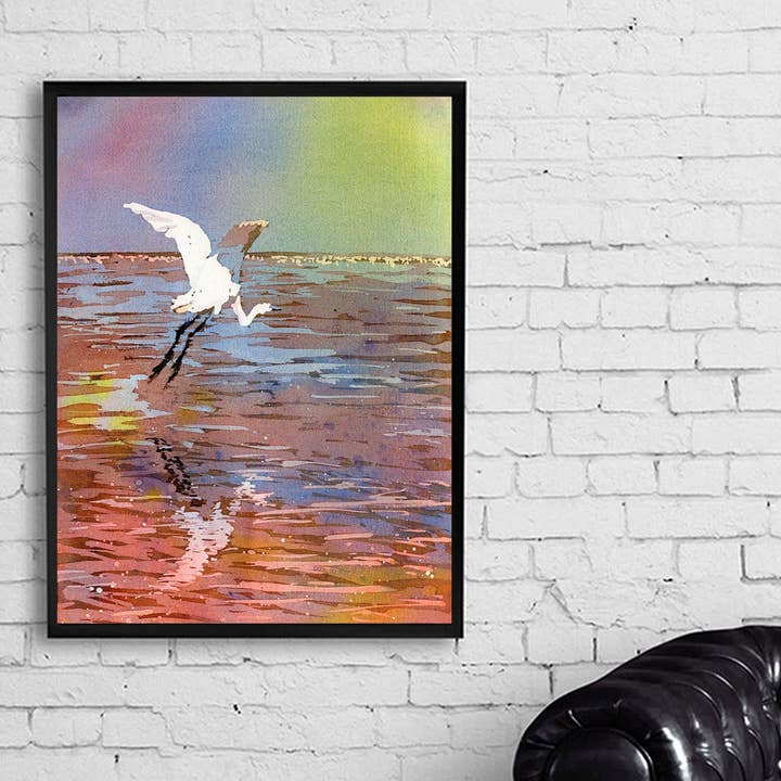 Ryan Fox Fine Art - Wholesale Art Print - Jamaican crane flying over water in Montego Bay. Watercolor painting crane art bird Jamaica Montego Bay ocean artwork crane colorful art (print)1