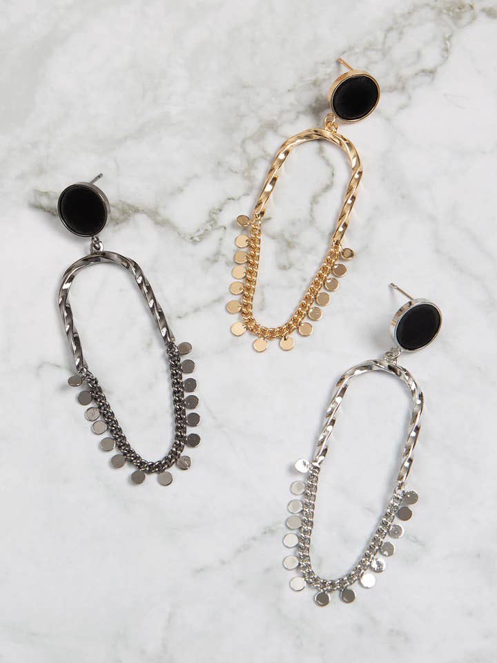 Twisted Metal Link Chain Disk Post Drop Earrings for wholesale by MYS Wholesale Inc