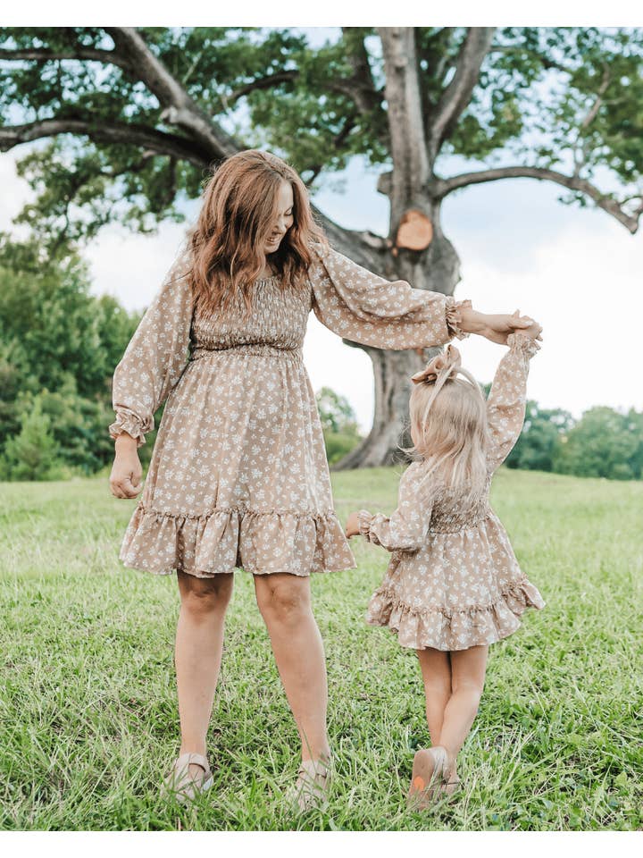 Bailey's Blossoms - Wholesale Dress - Women's - Caroline Long Sleeve Square Neck Dress - Light Khaki Floral