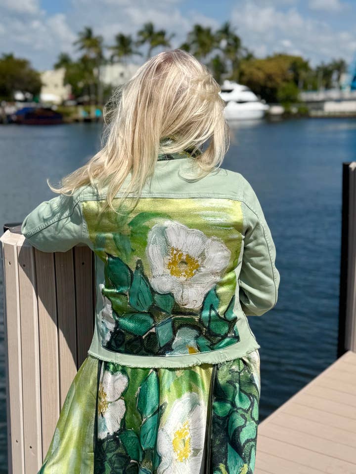 The Tea Leaf Green Denim Jacket / White Blossom for wholesale by Stacy Bradley Design