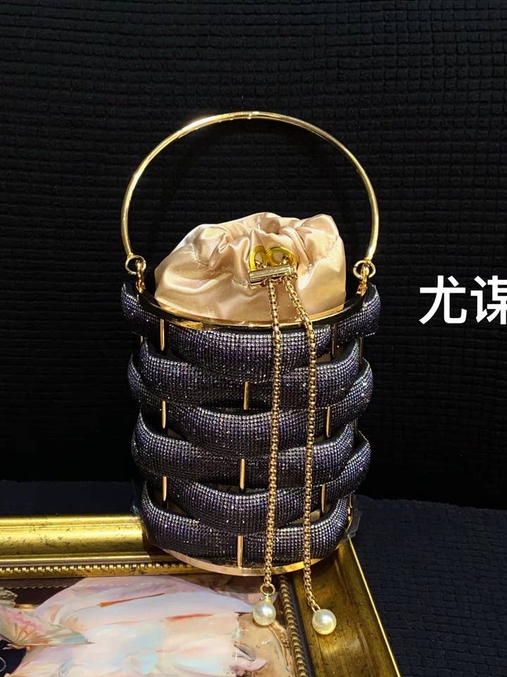 EVERY FASHION Beaded Cylinder Evening Bag with Drawstring Pouch and Pearl Chain Accent for wholesale by MB Fashion Wholesale