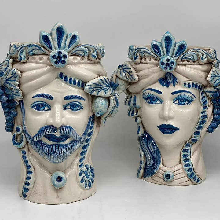DD Ceramiche Siciliane - Wholesale Vaas - Classic Moor's Head Caltagirone Keramiek cm H.27 L.20 Handgemaakt Wit Blauw