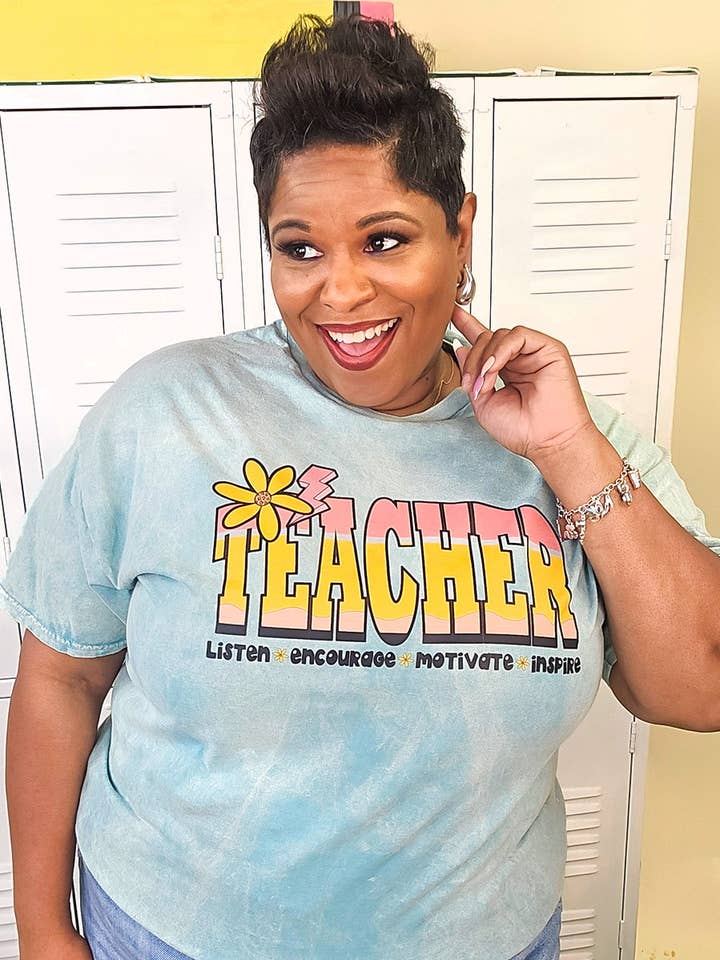 Teacher Listen Encourage Cool Mint Graphic Shirt for wholesale by Sugar Stitch