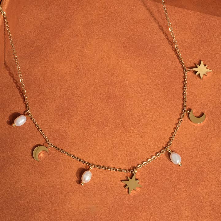Amaury 18K Gold Non-Tarnish Pearl Moon and Star Choker for wholesale on Faire