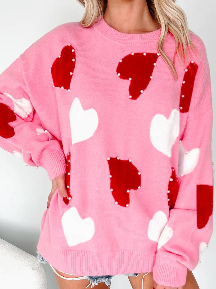 Pink Pearl Embellished Heart Pattern Valentines Day Sweater for wholesale by Lovesoft