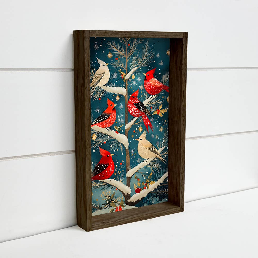Hangout Home - Wholesale Art Print - Cardinals in Tree - Winter Birds Painting - Wood Framed Art0