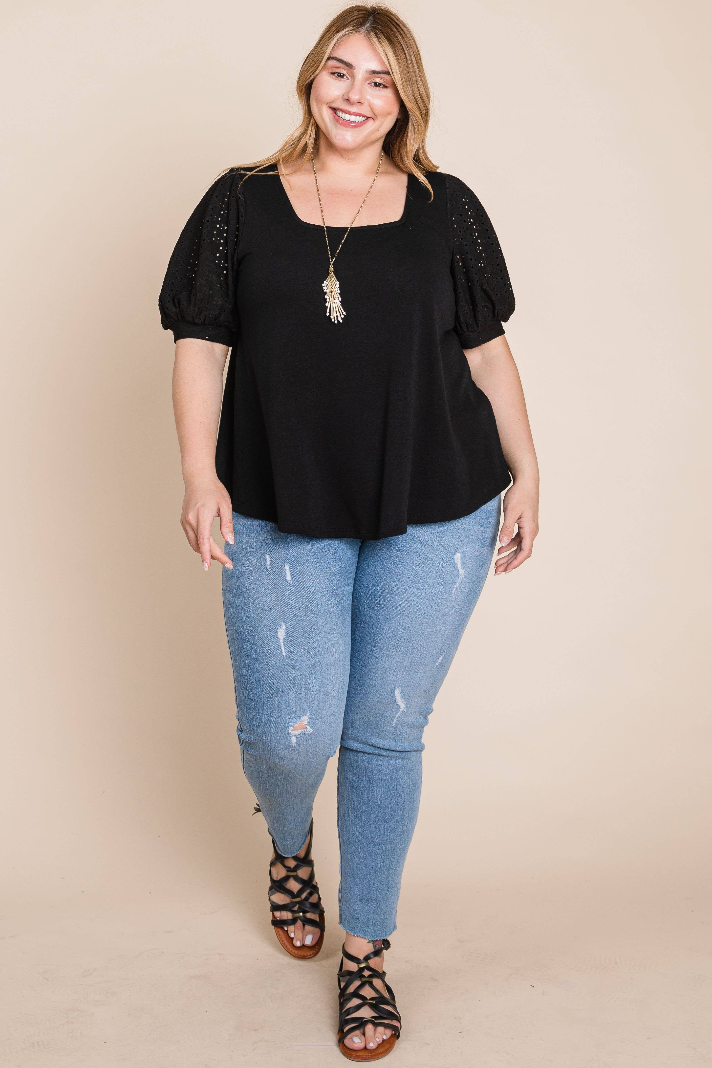 Sort ETK-8820-PL Plus Størrelse Øje Boble ærmer Solid Strik Top for engroshandel på Faire1