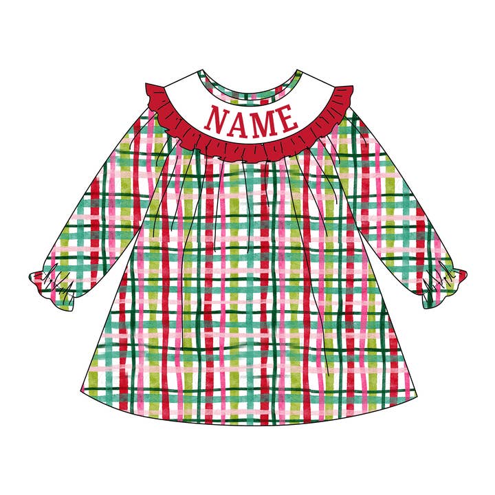 Christmas Custom Name Red Green Plaid Embroidery Smocked Dress for wholesale by Auraquise