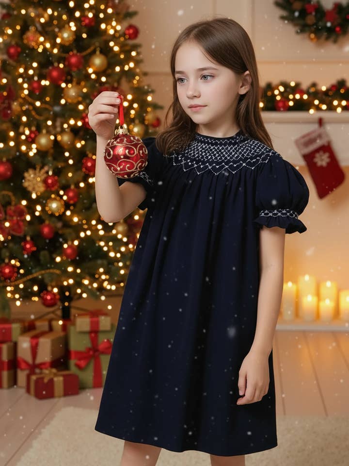 Navy Corduroy Geometric Smocked with Pearl Short Sleeve Bishop Dress for wholesale by Hello Bebes!