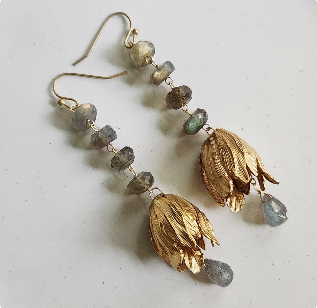 Sara Sela Jewelry - Wholesale Dangle Earrings - Faceted Labradorite and Textured Brass Tulip Dangle Earrings2