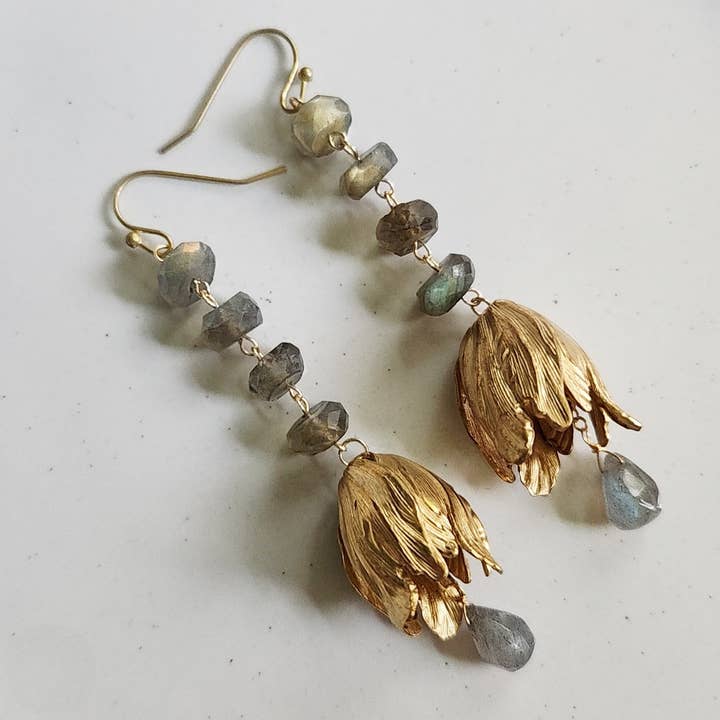 Sara Sela Jewelry - Wholesale Dangle Earrings - Faceted Labradorite and Textured Brass Tulip Dangle Earrings2