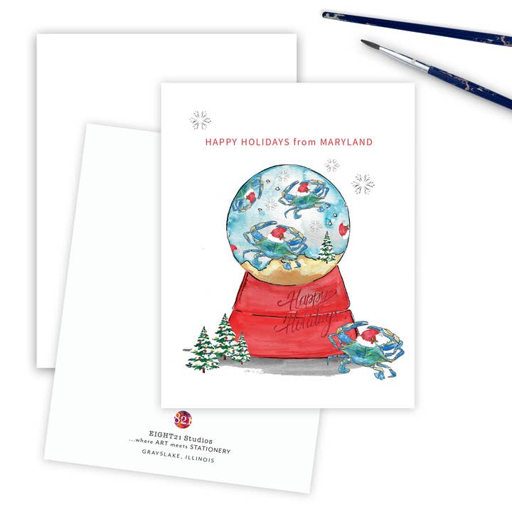 Blue Crab Maryland Snow Globe Funny Christmas Greeting Card for wholesale by Eight21 Studios + Unique Greeting Cards, Art and Stationery